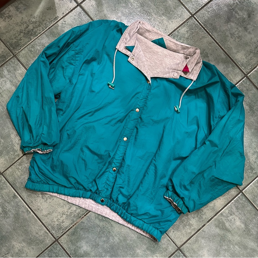 VTG 80s Retro Reversible Teal Turquoise Blue Windbreaker Jacket